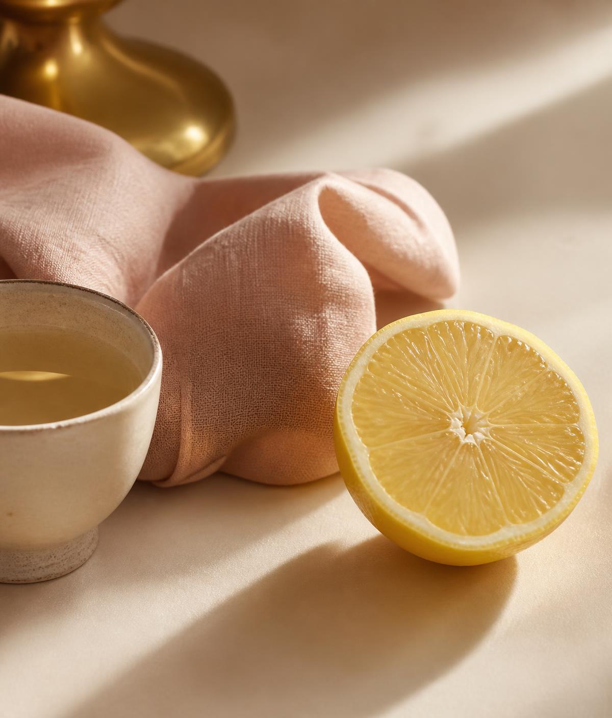 A lemon half, a linen napkin and a ceramic cup in soft morning light